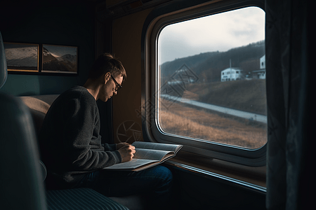 在火车床边阅读的男生图片