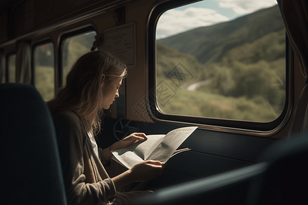在火车床边阅读的女生图片