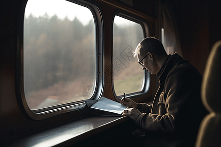 在火车窗边阅读的人图片