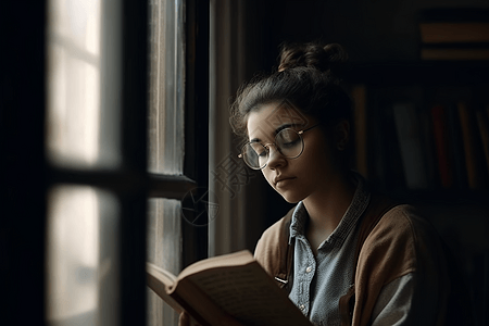 在窗边看书的女学生图片