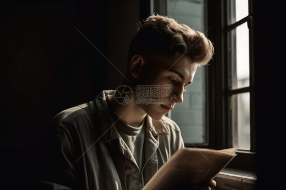 在窗边看书的男生图片