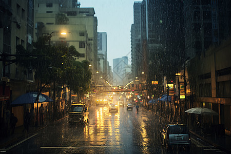 倾盆大雨雨水浸透的街道背景