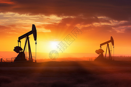 夕阳下开采油田的景象图片
