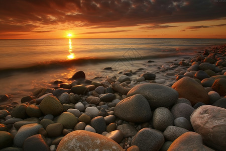 夕阳下的海边石头图片