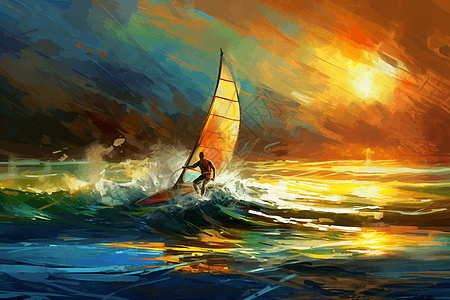 风帆冲浪: 一幅风帆冲浪者在水上赛车的画，用明亮活泼的色彩捕捉这项运动的能量和刺激。，高清图片