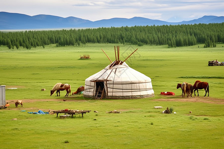 草原中的蒙古包和家畜背景图片