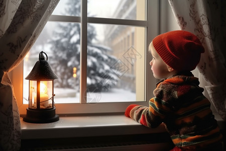 男孩坐在窗台向窗外看的可爱男孩背景