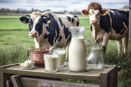农村的奶牛和牛奶背景图片