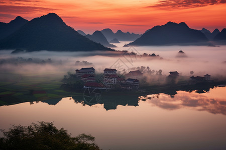 水中倒影的山脉背景图片