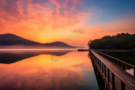 湖边的日出背景图片