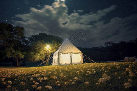 星星灯草地上的露营背景