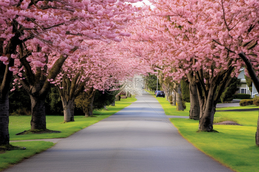 道路上美丽的樱花图片