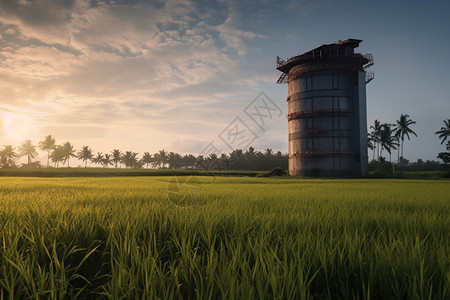 稻田地平线上的水稻筒仓图片