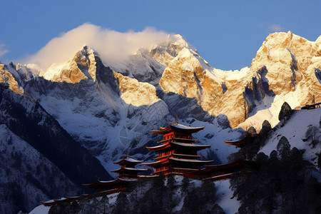 雪山下的寺庙图片