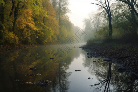 河流上漂浮着落叶图片