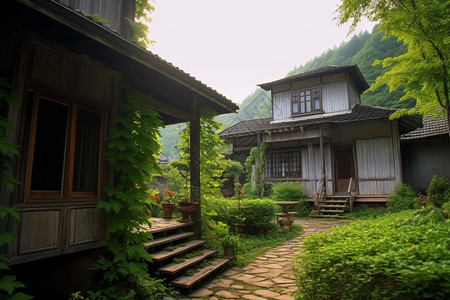 种满绿色植物的农舍背景图片