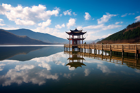 湖面犹如天空之镜背景图片