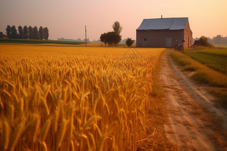 夕阳下金黄色的麦田图片
