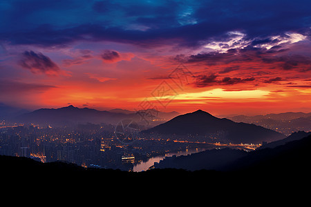 唐郎日落山城市天际线背景图片