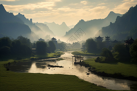 自然美丽的绿色山水风景图片