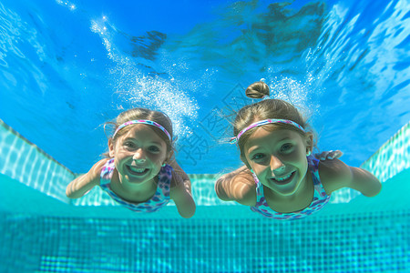 卡通女孩游泳夏季潜水的姐妹背景