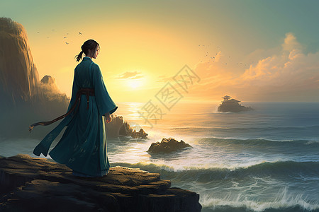 穿着汉服的女士站在海边看日落背景图片
