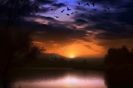 夜晚的日落湖泊图片