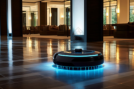 在地板上智能扫地机器人在打扫酒店大堂设计图片