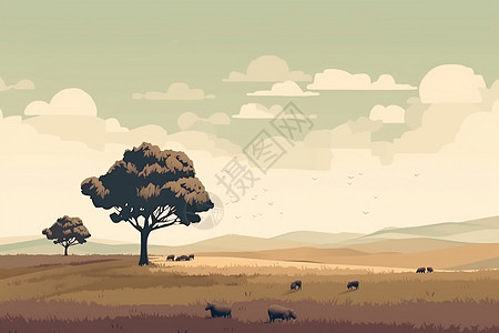 平原上有一棵单树和一群羊在远处吃草图片