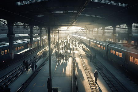 繁忙的火车站与通勤者图片
