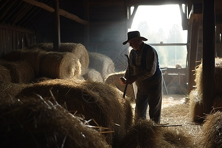一个农民用干草叉在谷仓里搬运干草图片