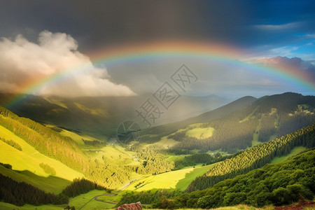 彩虹卡通连绵山脉间的彩虹背景