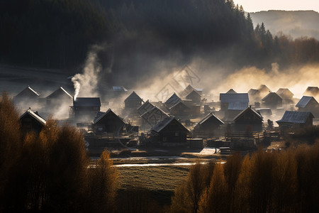 森林木屋树林里的村庄背景