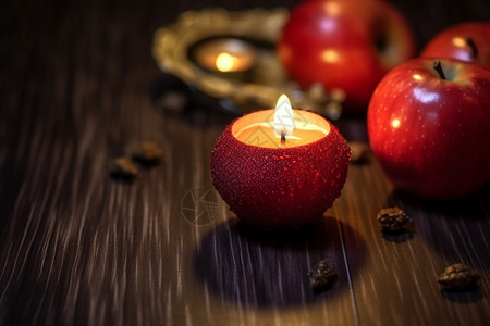 圣诞苹果蜡烛杯子里的蜡烛背景
