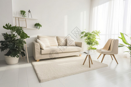 白色沙发和绿植的客厅高清图片