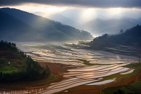 山下的水田图片