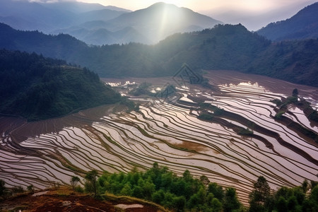 连绵山脉下的水田背景图片