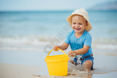 夏日海边玩水的孩子图片