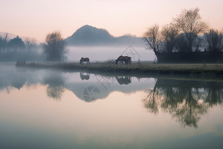 晨雾中的乡村图片