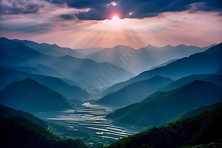 日出天空光线射向山谷山脉高清图片