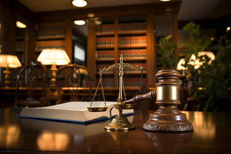 木桌上的法律书和锤子背景图片