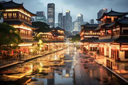 城市中的唐人街夜景背景图片