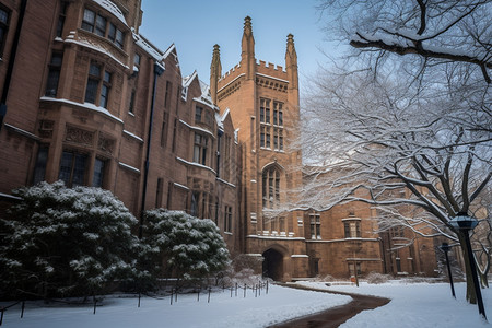 铺满雪的大学道路图片