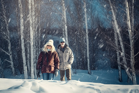 夫妇在雪松中散步图片