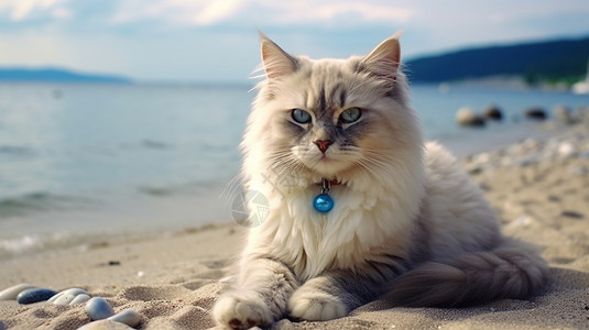 坐在沙滩上的猫咪图片