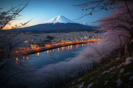 日暮低垂下的富士山图片