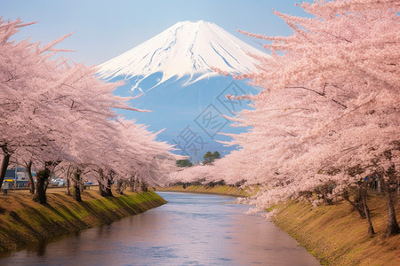山下的樱花树图片