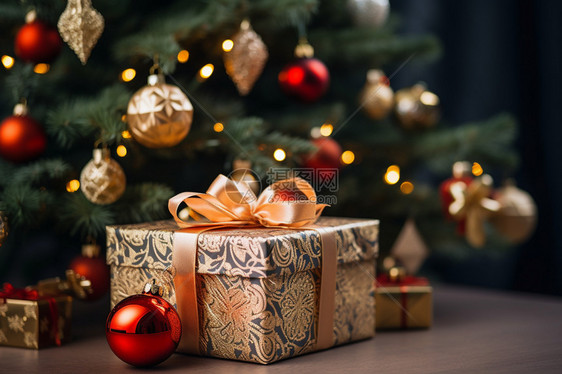 圣诞节的金色礼盒图片
