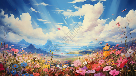 山 田蓝天白云下的花海插画