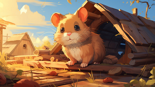 一个建造木屋的仓鼠图片